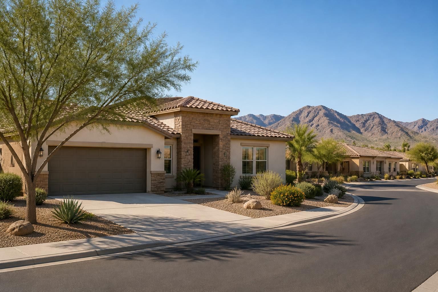 Sunlit Mesa neighborhood with desert plants and homes