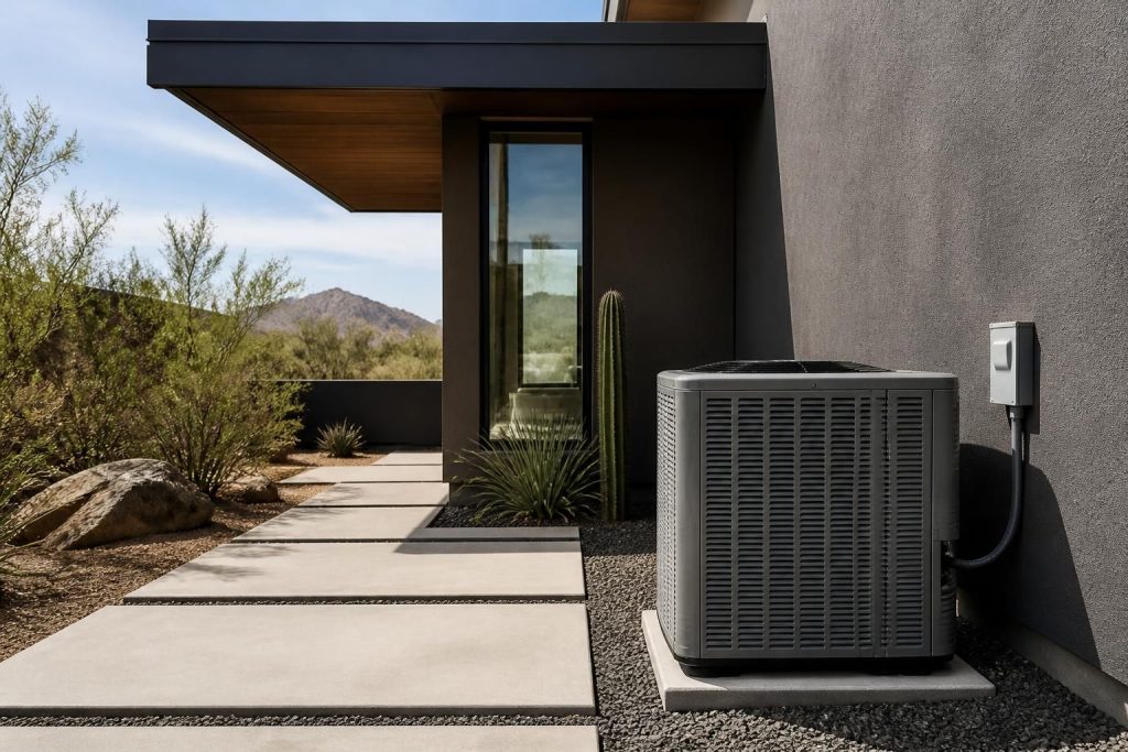 Modern home exterior with a clean HVAC unit in natural light