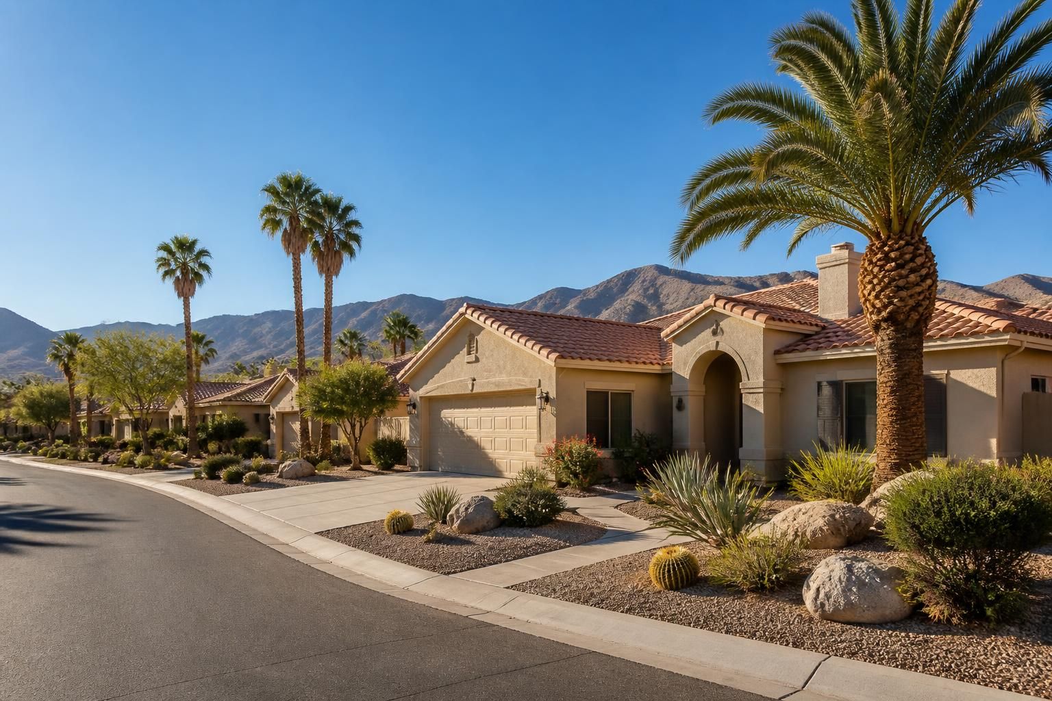 Sunlit Phoenix neighborhood with homes and palm trees